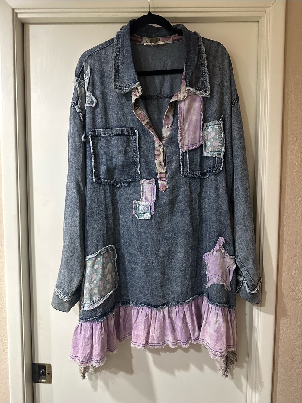 Playful Denim Tunic with Lavender Patch Details